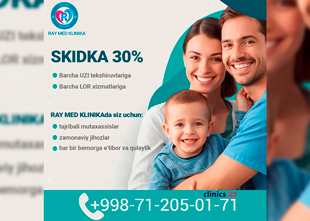 SKIDKA 30% barcha UZI va LOR xizmatlariga RAY MED KLINIKAda